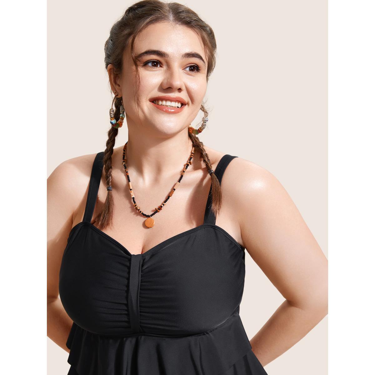 Plus Size Solid Tiered Ruffles Ruched One Piece Swimsuit Women's Swimwear Black Beach Gathered Curve Bathing Suits High stretch One Pieces BloomChic 14-16/1X Product Image