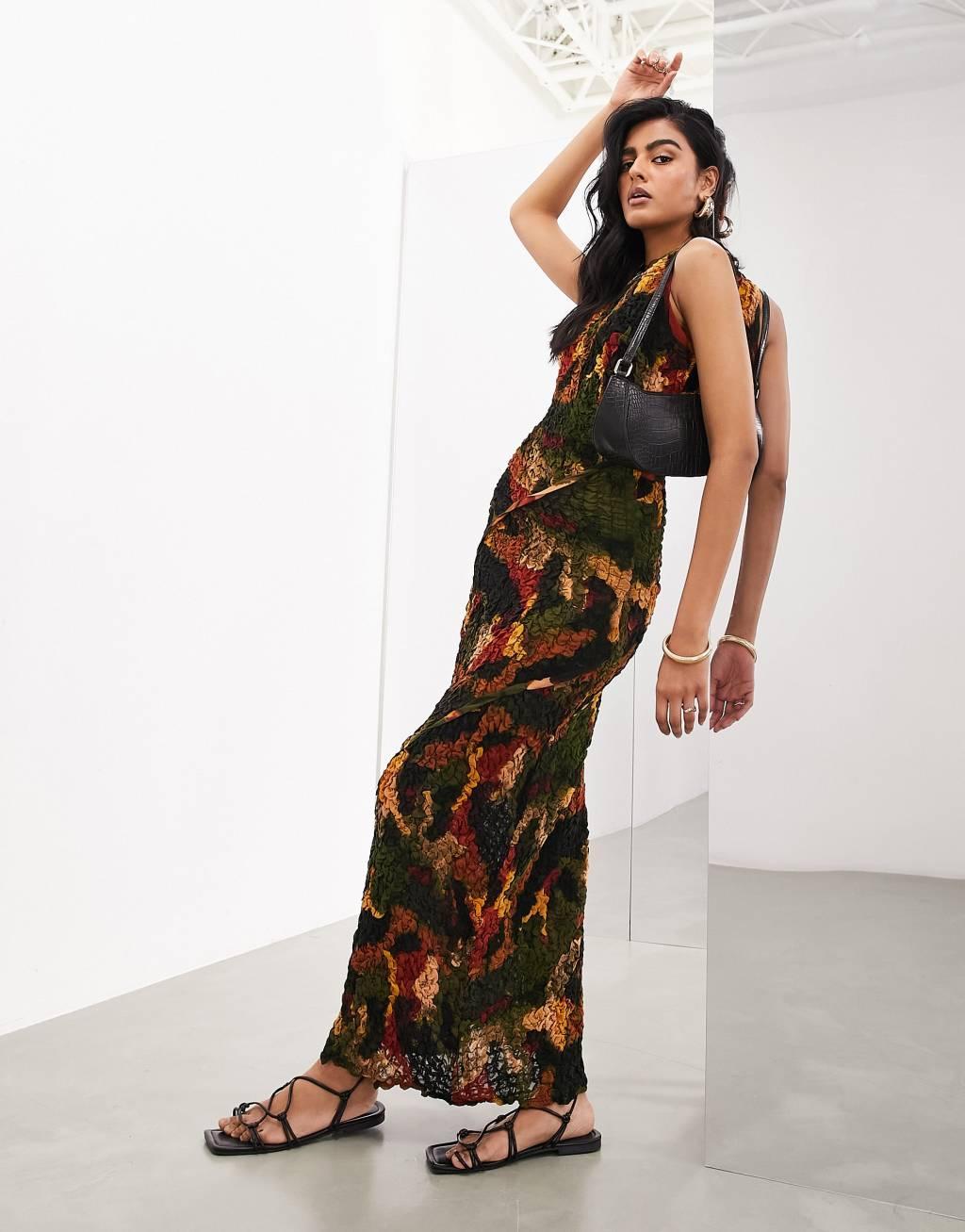 ASOS EDITION crinkle high neck sleeveless maxi dress in smudge print Product Image