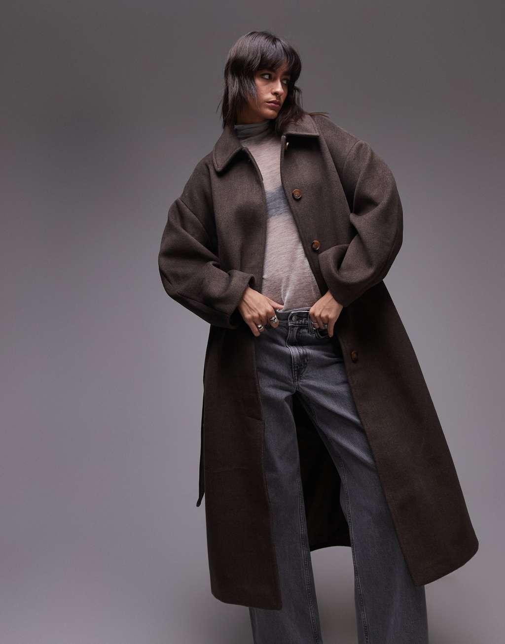 Topshop belted long line formal coat in brown Product Image