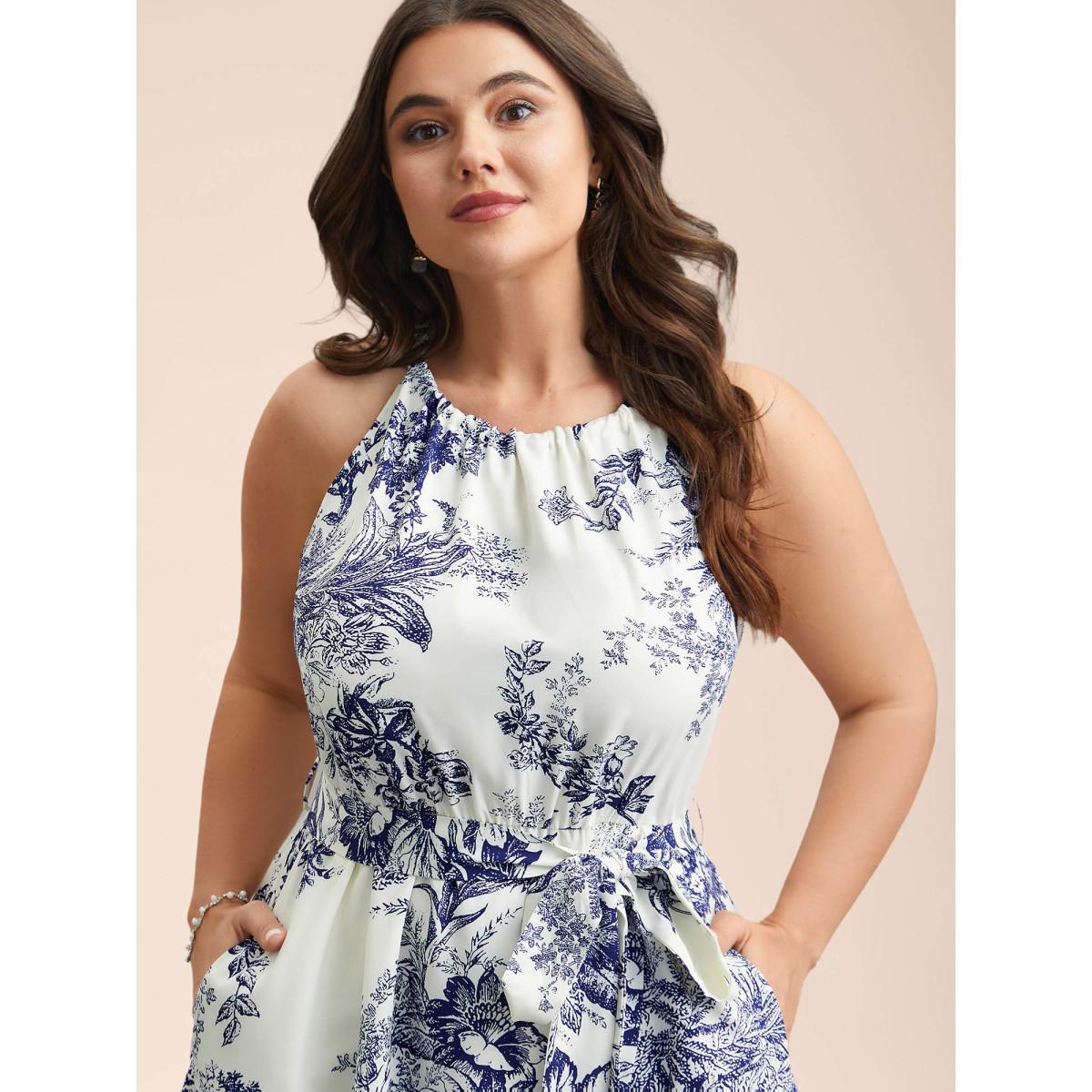 Plus Size Spring Time Florals Sleeveless Midi Dress WhiteSmoke Women Elegant Gathered Halter neck Sleeveless Curvy BloomChic 18-20/2X Product Image