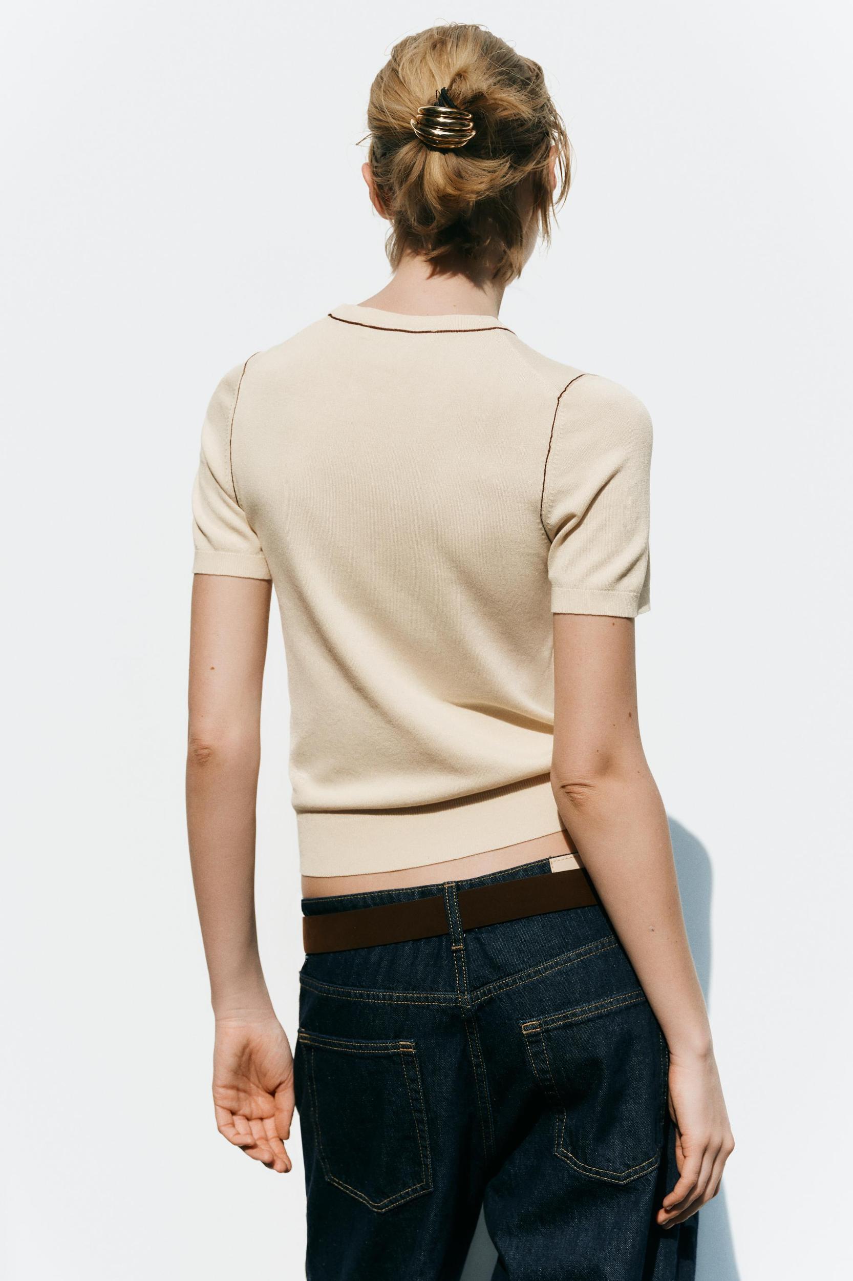 TRIMMED SHORT SLEEVE KNIT TOP Product Image