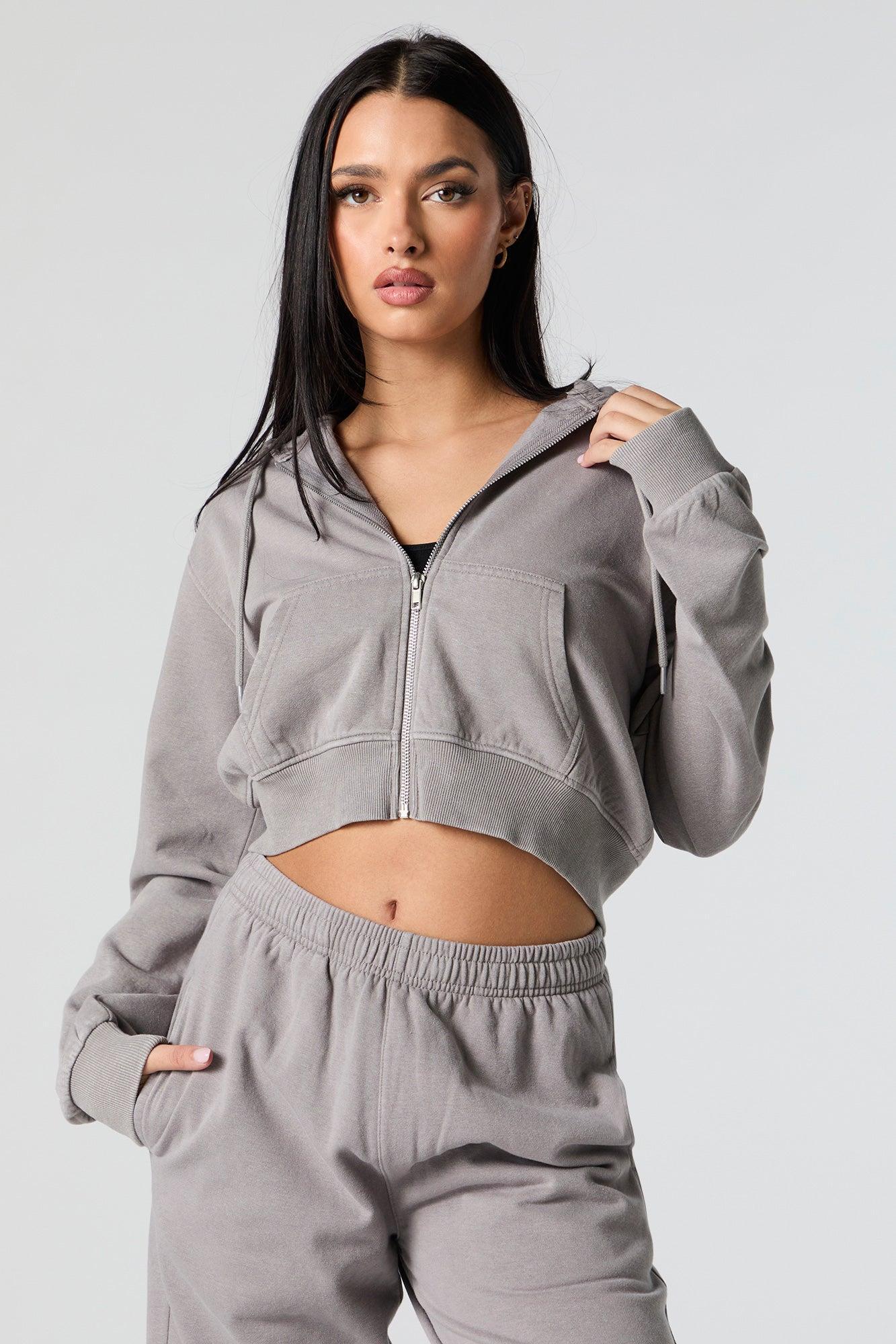 Fleece Washed Zip-Up Cropped Hoodie Female Product Image