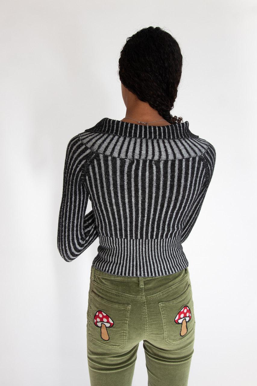 Fold Over Collar Ribbed Zip Up Sweater Product Image