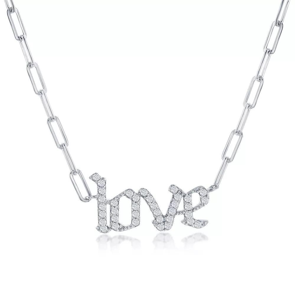 Argento Bella Sterling Silver Cubic Zirconia "Love" Paperclip Chain Necklace, Women's Product Image