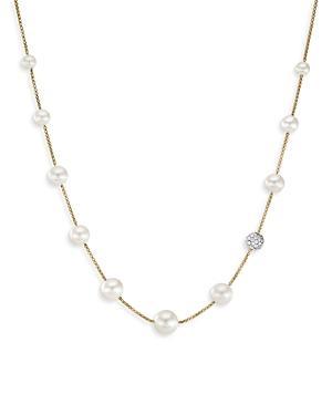 Womens Pearl and Pav Station Necklace in 18K Yellow Gold Product Image