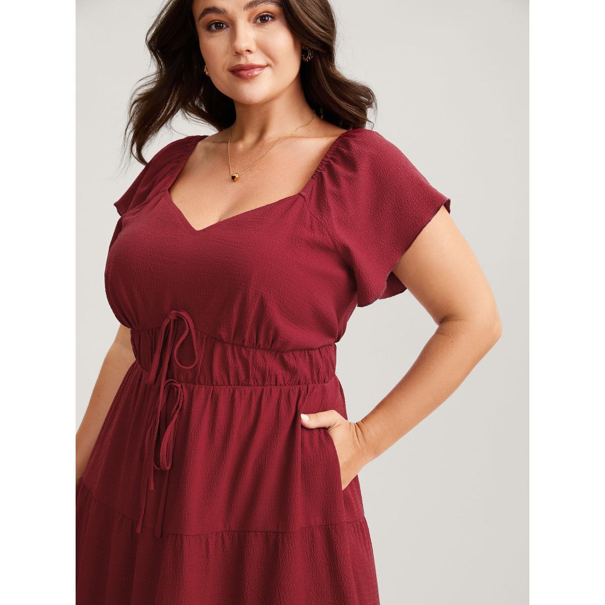 Plus Size Stretchy Waist Tiered Solid Midi Dress Burgundy Women Heart neckline Cap Sleeve Curvy BloomChic 22-24/3X Product Image