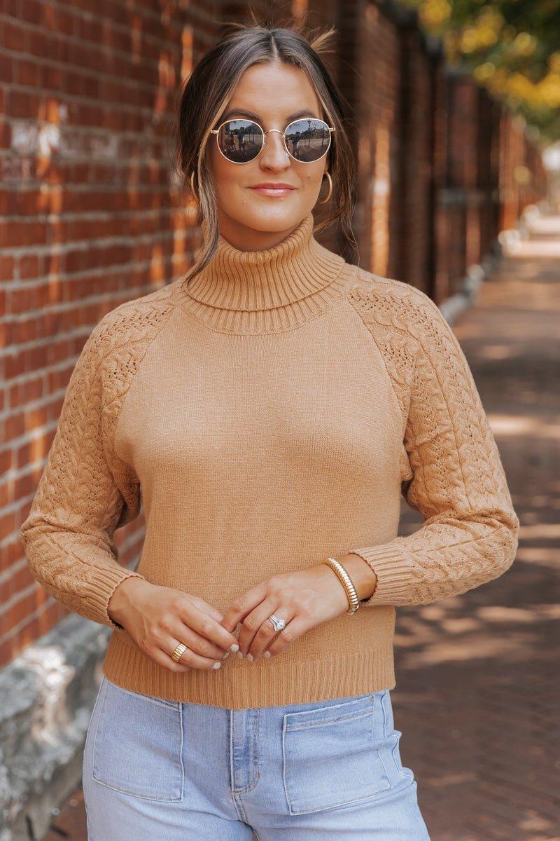 Camel Cable Knit Sleeve Turtleneck Sweater - FINAL SALE Female Product Image