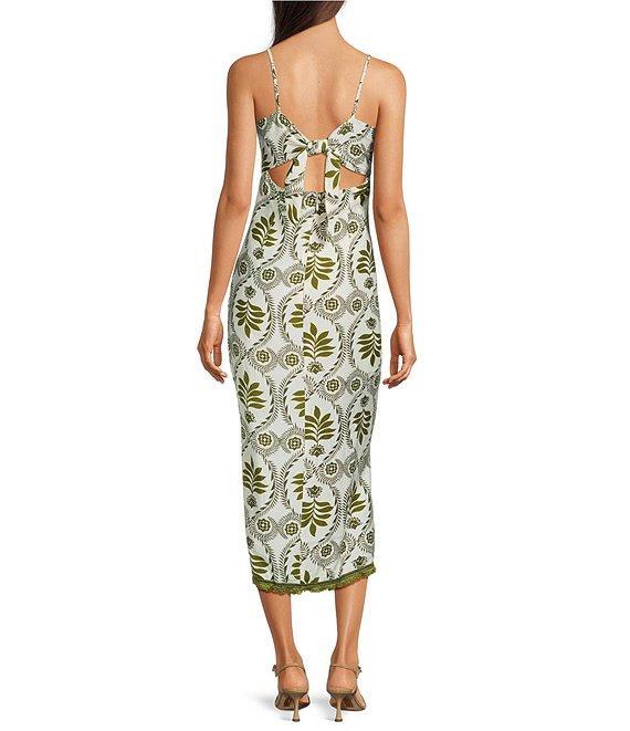 Adelyn Rae Denna Woven Tropical Palm Print V Neck Sleeveless Fringe Hem Slip Midi Dress Product Image