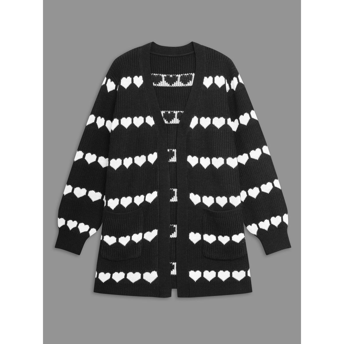 Plus Size Heart Pattern Jacquard Patch Pocket Cardigan Black Women Casual Loose Long Sleeve Everyday Cardigans BloomChic 30/6X Product Image