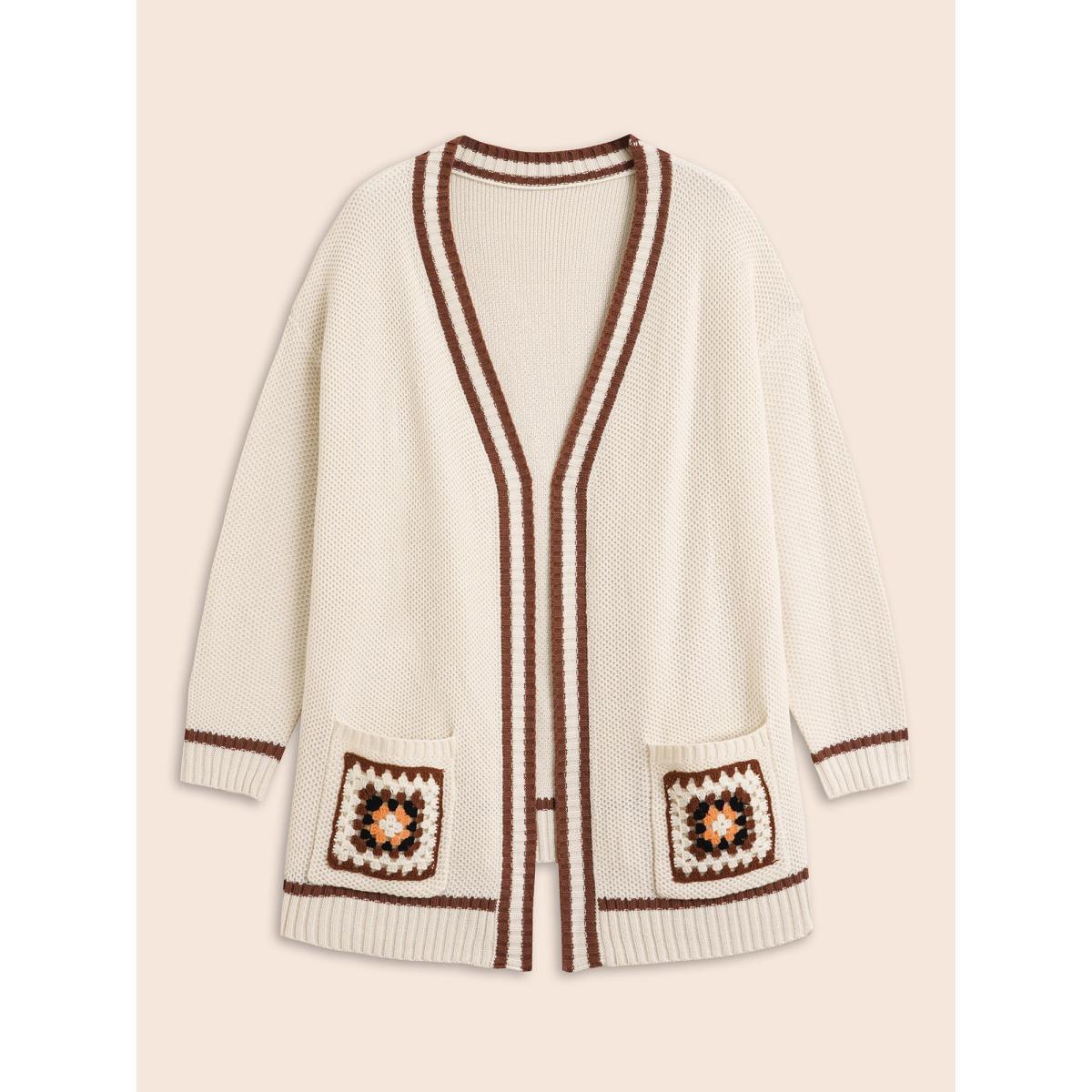 Plus Size Crochet Floral Patch Pocket Drop Shoulder Cardigan Beige Women Casual Loose Long Sleeve Everyday Cardigans BloomChic 22-24/3X Product Image