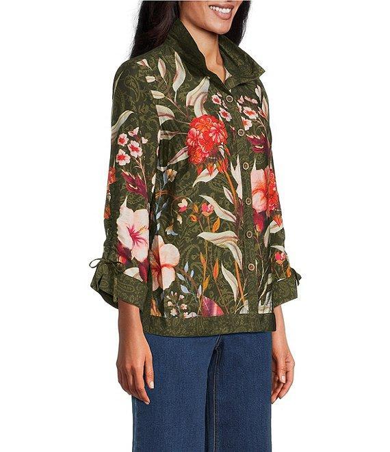 John Mark Petite Size Floral Print Woven Wire Collar 3/4 Cinched Tie Sleeves Button Front Top Product Image