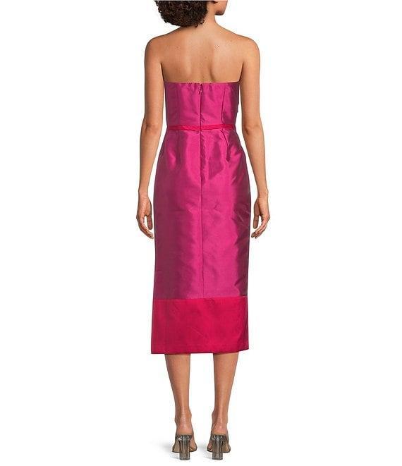Kay Unger India Taffeta Color Block Strapless Neck Sleeveless Pleated Sheath Midi Dress Product Image