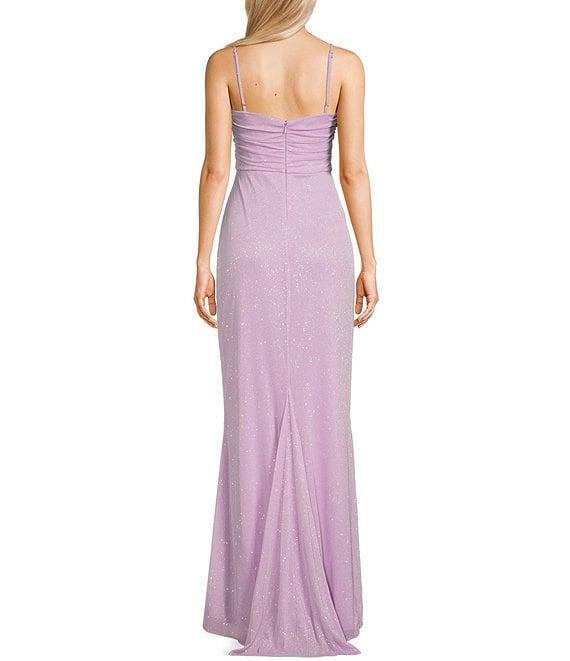 Jump Glitter Embellished Bust Sweetheart Neck Spaghetti Strap Sash Side Slit Gown Product Image