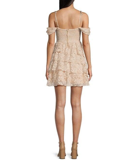 Honey and Rosie Floral Glitter Stretch Lace Tie Strap Sweetheart Neck Tiered Ruffle Dress Product Image
