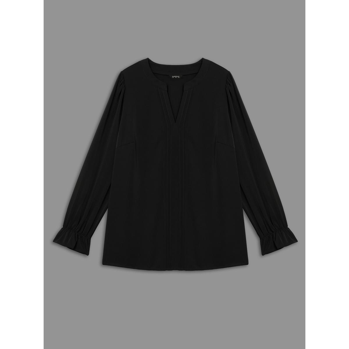 Plus Size Black Notched Collar Pleated Lantern Sleeve Blouse Women At the Office Long Sleeve Notched collar Work Blouses BloomChic 28/5X Product Image