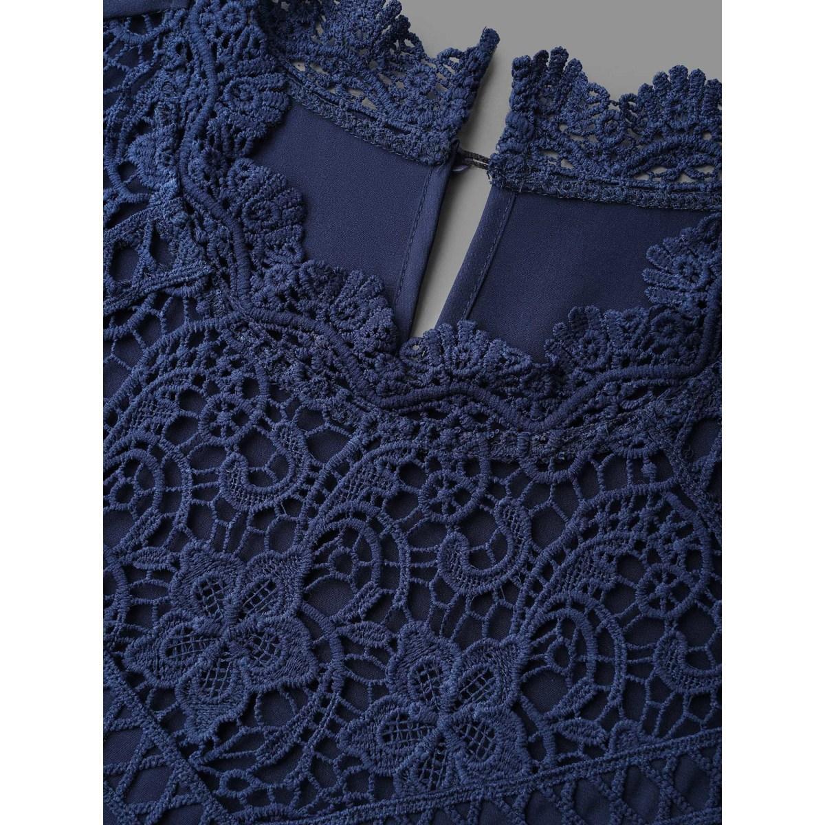 Plus Size Indigo Lace Cut-Out Sheer Stand Collar Blouse Women Elegant Long Sleeve Stand-up collar Everyday Blouses BloomChic 30/6X Product Image