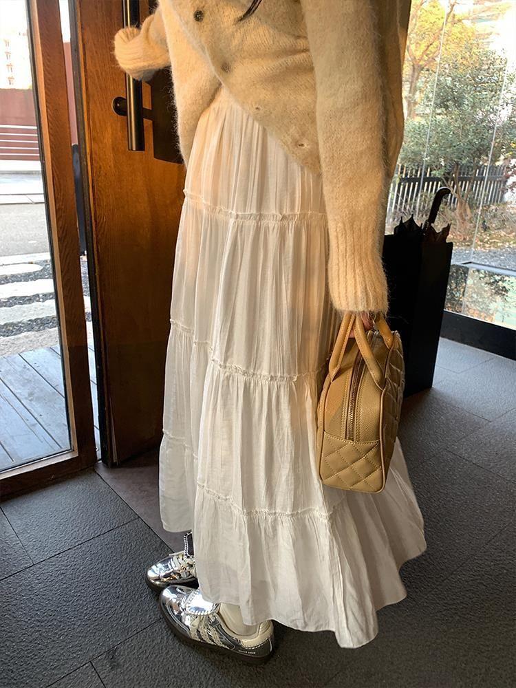 Elastic Waist Plain Tiered Maxi A-Line Skirt Product Image