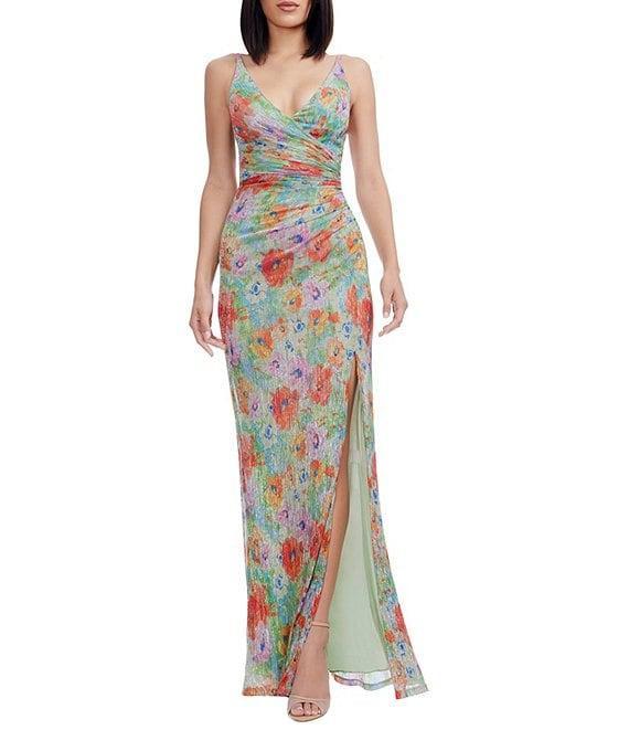 Dress the Population Jordan V-neck Side Ruched Abstract Floral Metallic Chiffon Column Gown Product Image