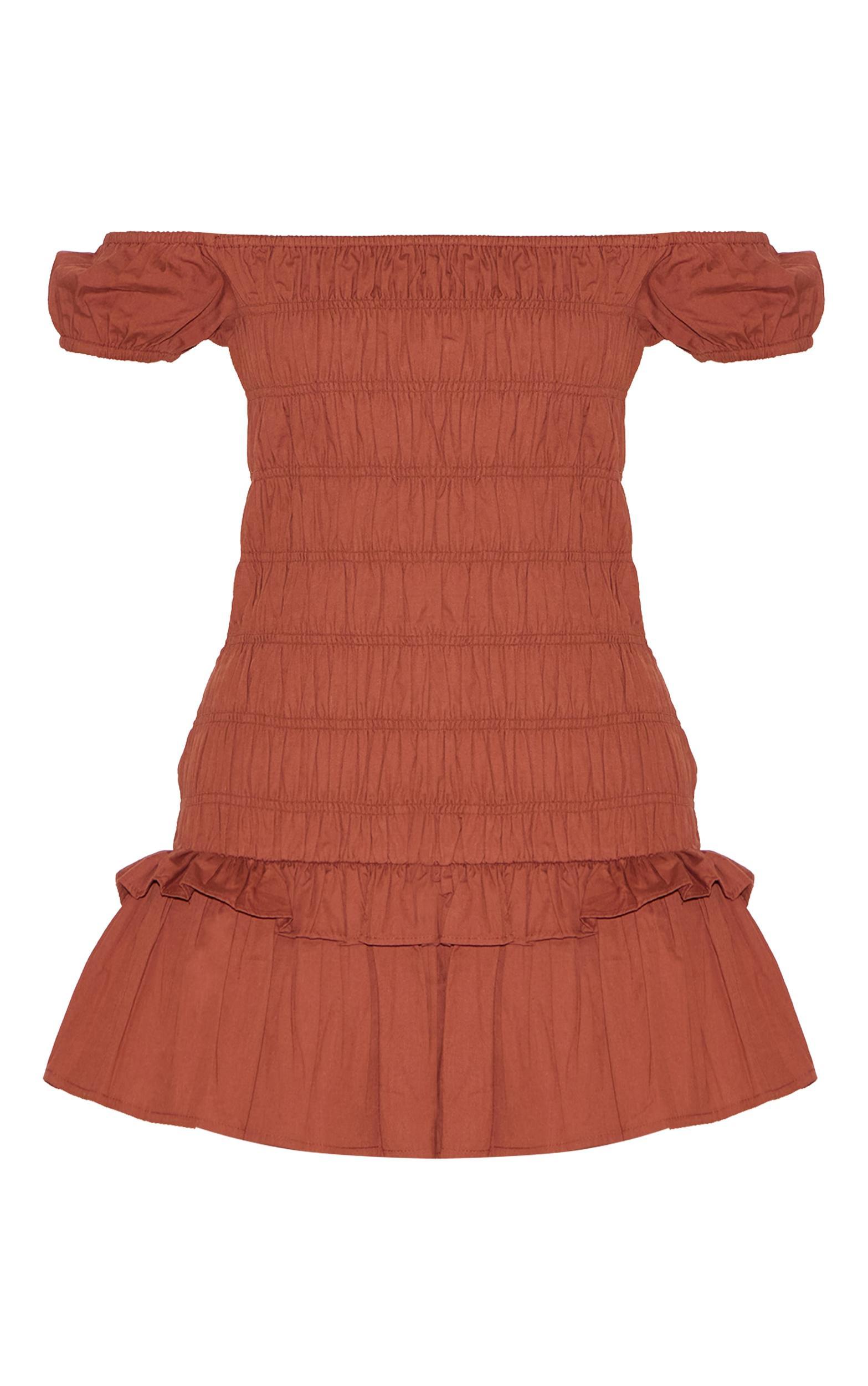 Chocolate Bardot Shirred Detail Shift Dress Product Image