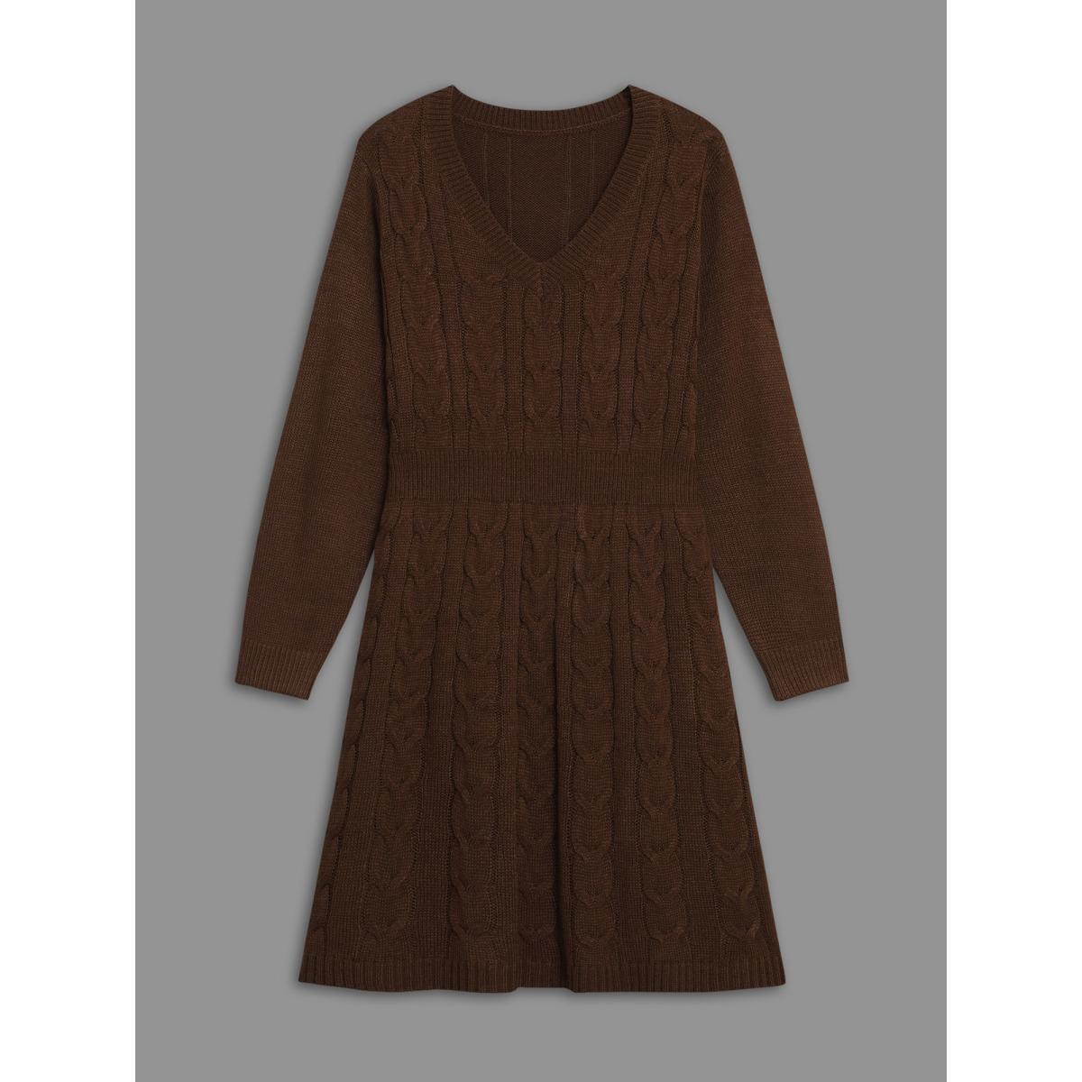 Plus Size Textured Cable Knit V-Neck Midi Sweater Dress Browncoffeecolor Women Casual Bodycon Long Sleeve Everyday Sweater Dresses BloomChic 14-16/1X Product Image