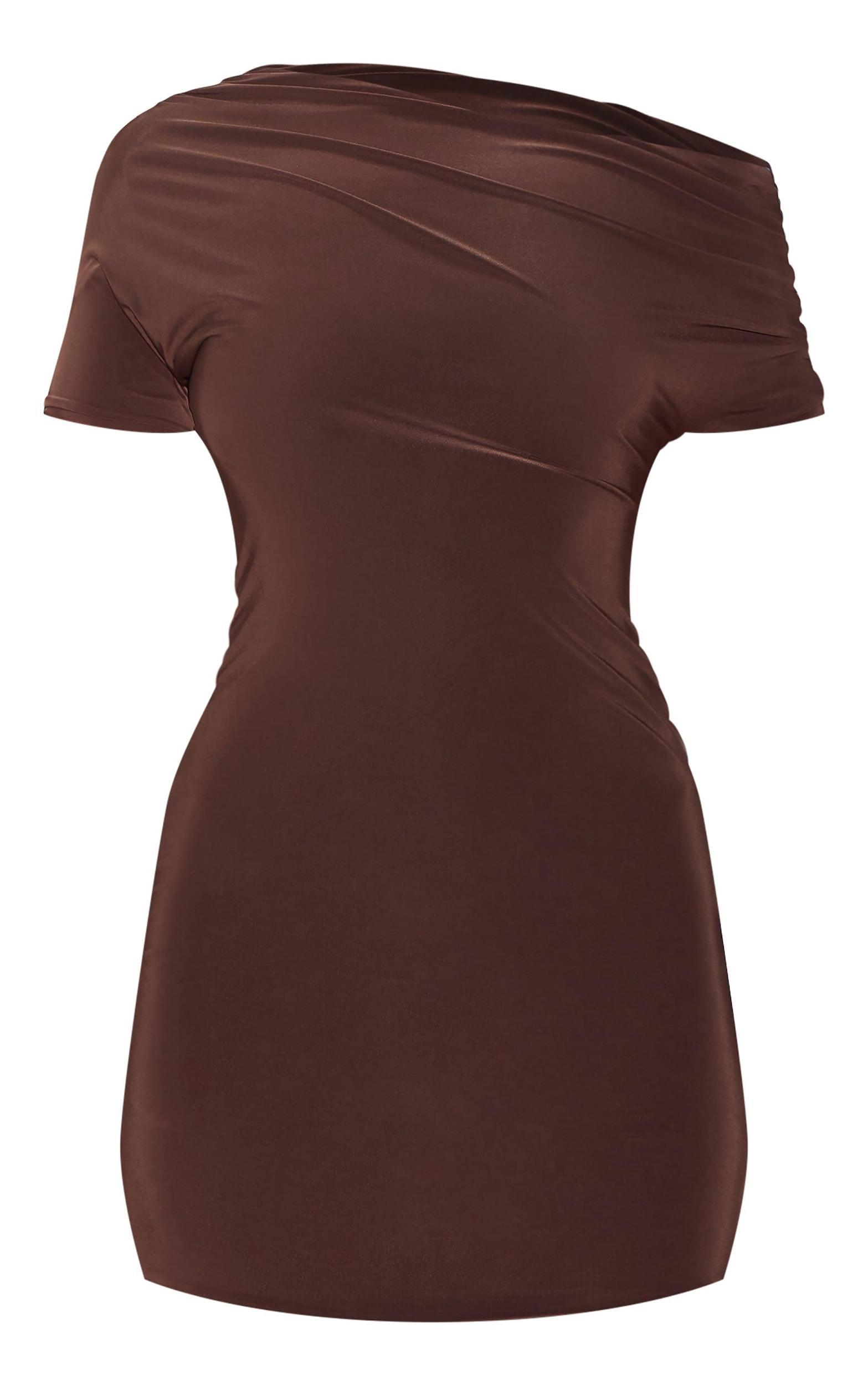  Chocolate Slinky Off The Shoulder Ruched Mini Dress Product Image