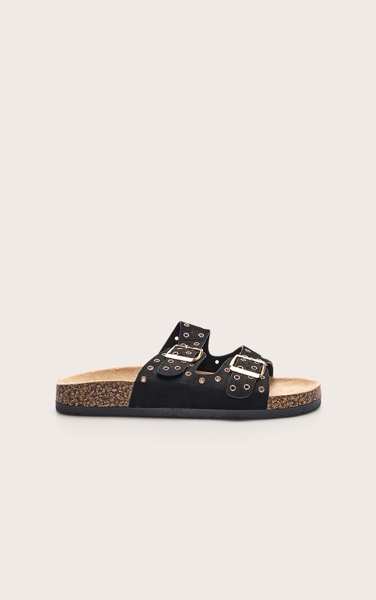 Black Faux Suede Double Buckle Eyelet Footbed Sandals Product Image