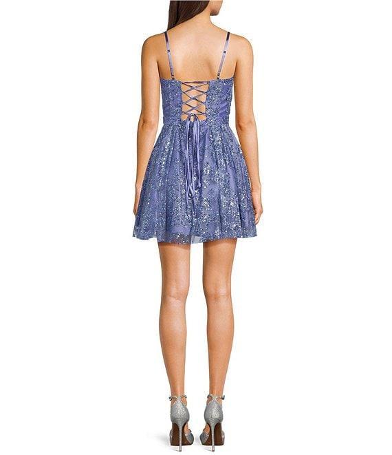 Blondie Nites Glitter Scoop Neck Lace-Up Tie Back Fit-And-Flare Dress Product Image