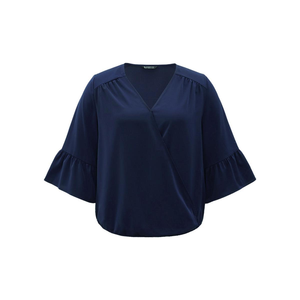 Plus Size Indigo Anti-Wrinkle Plain Surplice Neck Bell Sleeve Blouse Women Office Elbow-length sleeve V-neck Work Blouses BloomChic 12/L Product Image