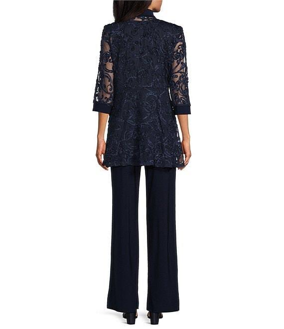 R & M Richards Embroidered Soutache Mesh Lace 3/4 Sleeve Scoop Neck 2-Piece Pant Set Product Image