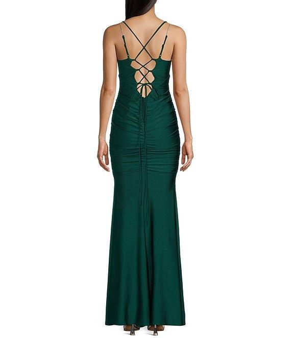 Midnight Doll Satin Rhinestone Strap Detail Lace-Up Back Long Dress Product Image