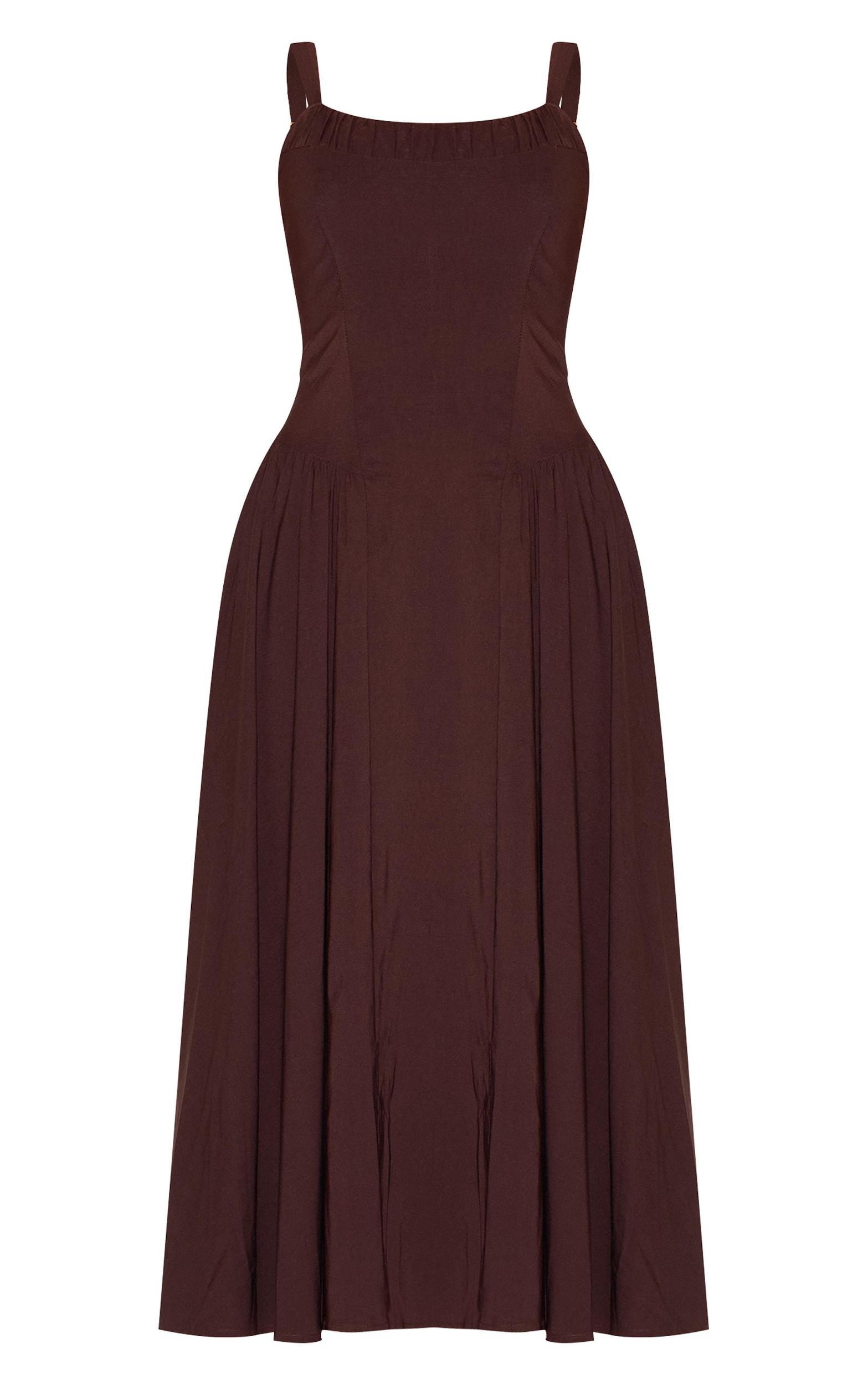 Chocolate Woven Corset Lace Detail Midi Dress Product Image