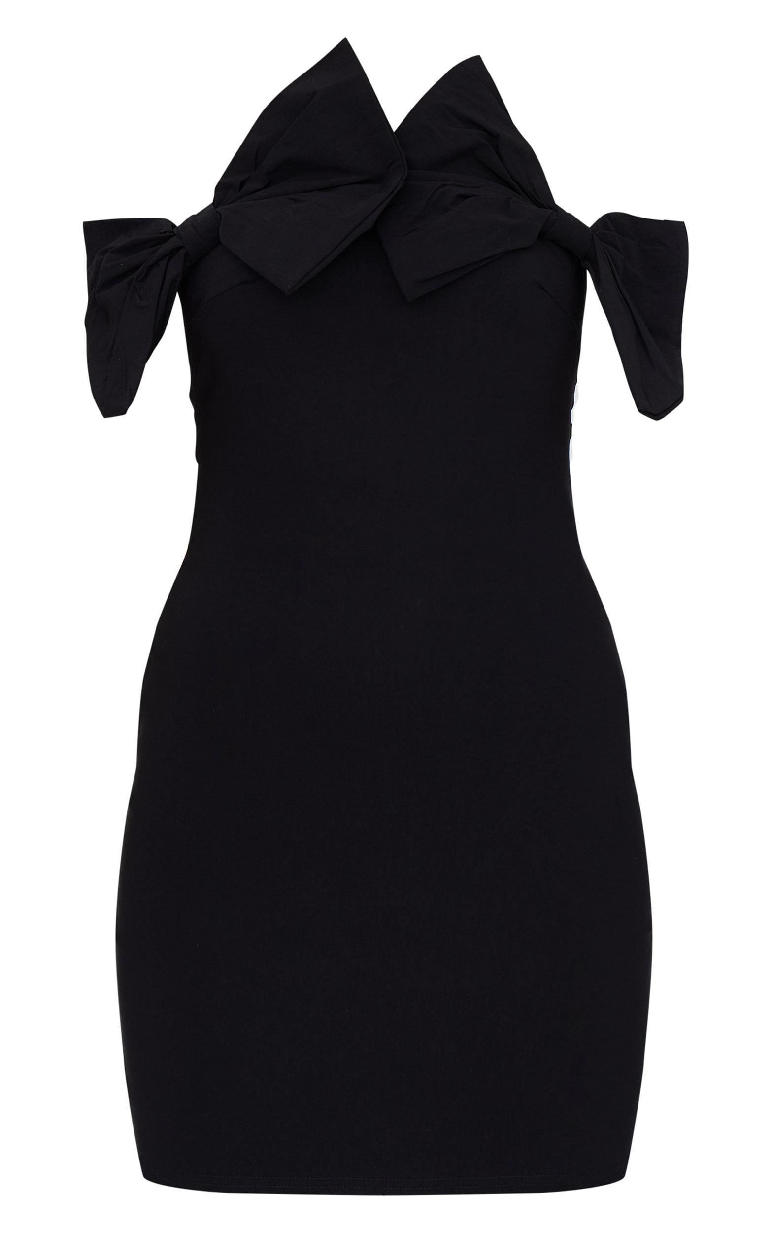 Black Stretch Woven Bow Detail Mini Dress Product Image
