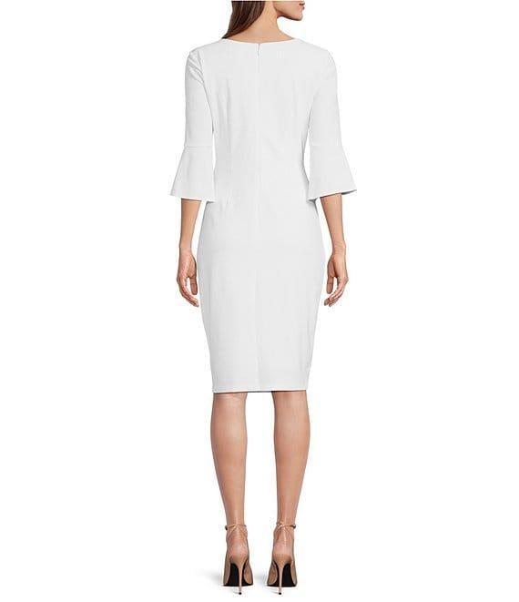 Kensie Stretch Boat Neck Mid Length Bell Sleeve Twist Waist Faux Wrap Skirt Sheath Dress Product Image