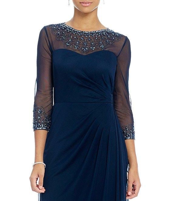 Alex Evenings Long Beaded Illusion Sweetheart Neck 3/4 Sleeve Ruched Dress Product Image