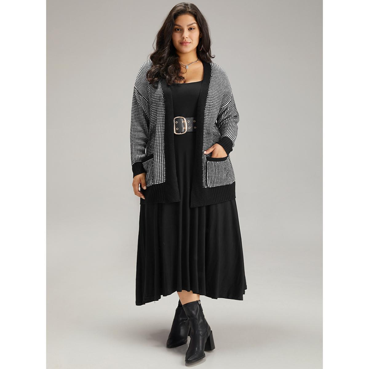 Plus Size Polka Dot Patched Pocket Drop Shoulder Cardigan Black Women Basics Loose Long Sleeve Dailywear Cardigans BloomChic 28/5X Product Image