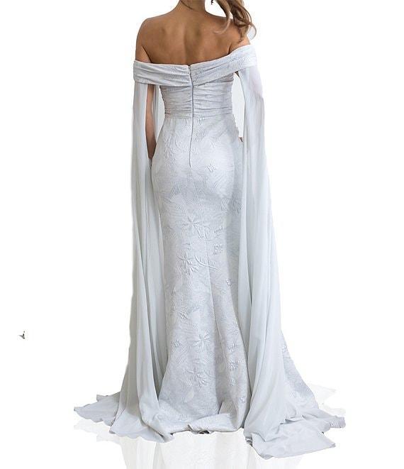 Terani Couture Off-The-Shoulder Chiffon Long Cape Sleeves Jacquard Column Gown Product Image
