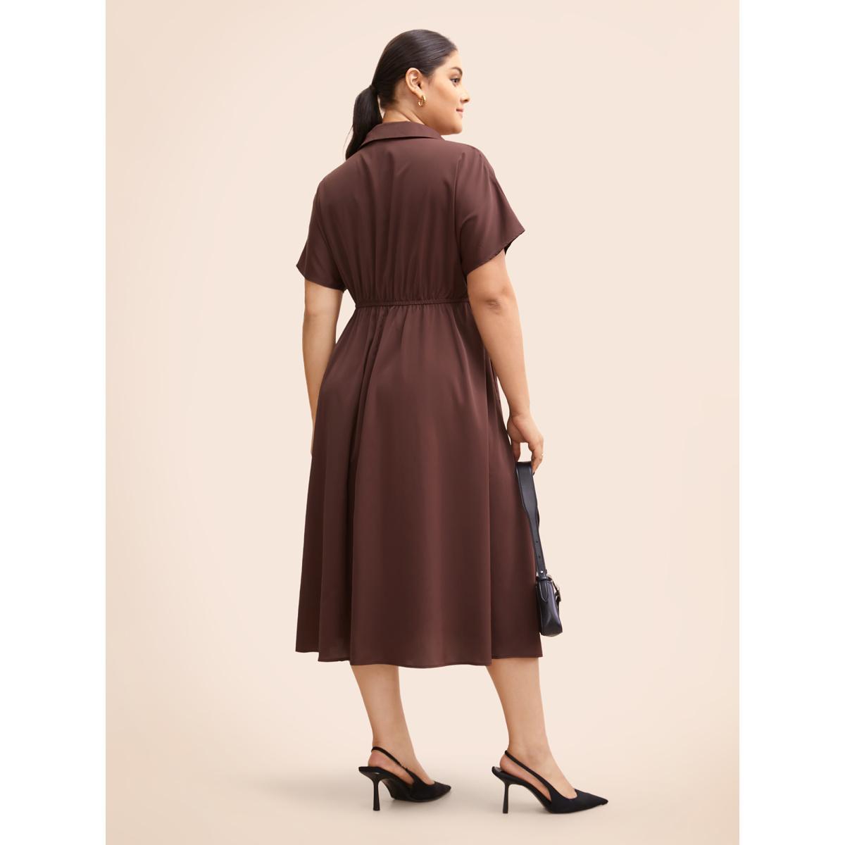 Plus Size Shirt Collar Batwing Sleeve Drawstring Dress Browncoffeecolor Women At the Office Drawstring Shirt collar Short sleeve Curvy BloomChic 14-16/1X Product Image