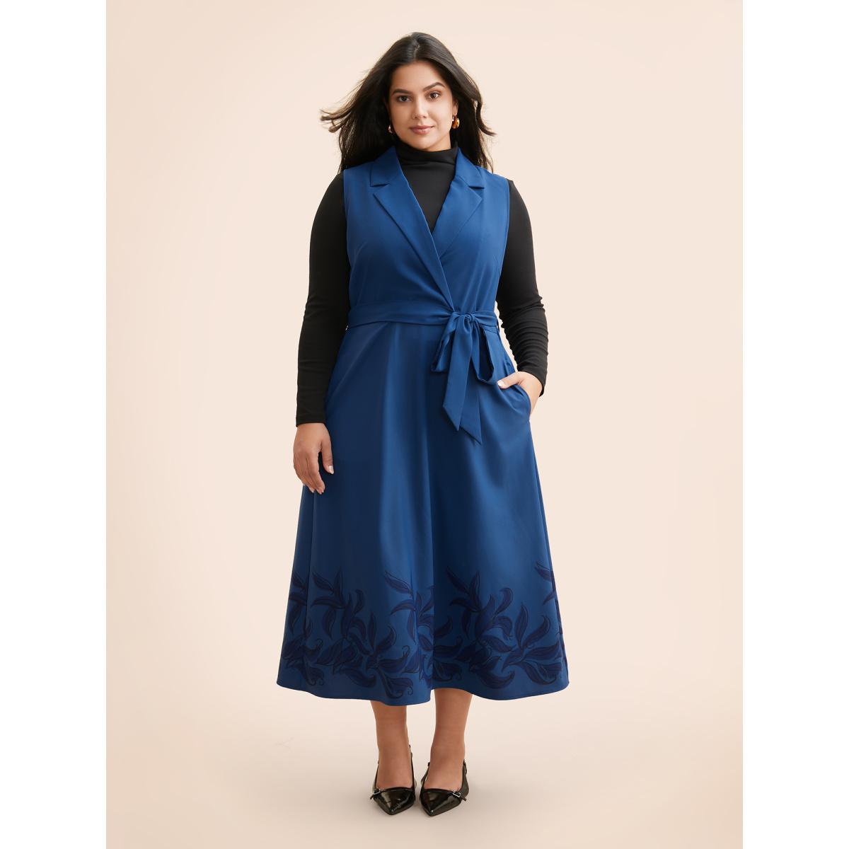 Plus Size Suit Collar Floral Belted Sleeveless Dress DarkBlue Women At the Office Belted Suit Collar Sleeveless Curvy BloomChic 28/5X Product Image