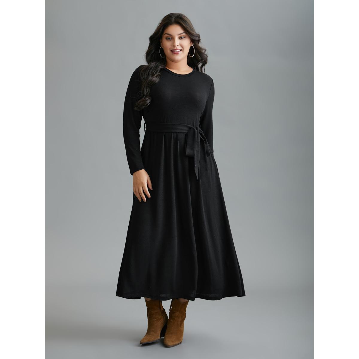 Plus Size Round Neck Heather Belted Dress Black Women At the Office Texture Round Neck Long Sleeve Curvy BloomChic 10/M Product Image