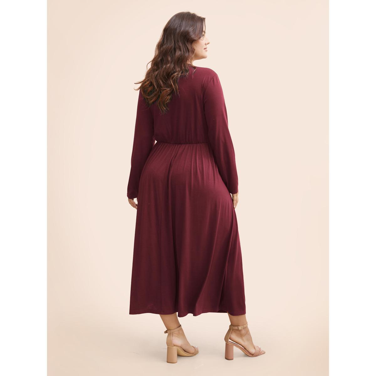 Plus Size Supersoft Essentials Ruched Wrap Pleated Hem Dress Burgundy Women Casual Non Overlap Collar Long Sleeve Curvy Midi Dress BloomChic 28/5X Product Image