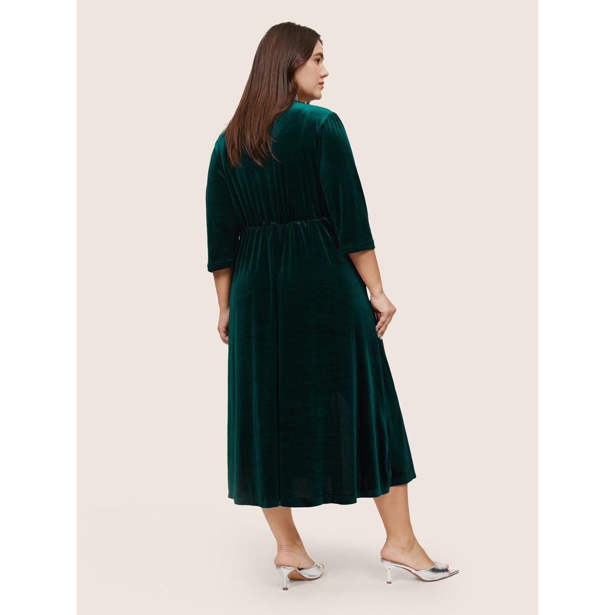 Plus Size Plain Velvet Wrap Gathered Split Front Dress DarkGreen Women Glamour Velvet Overlap Collar Elbow-length sleeve Curvy Midi Dress BloomChic 10/M Product Image