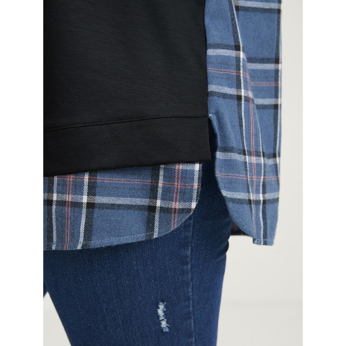 Plus Size Plaid Contrast Asymmetrical Drawstring Hooded Sweatshirt Women Black Casual Contrast Loose Hooded Dailywear Sweatshirts BloomChic 14-16/1X Product Image