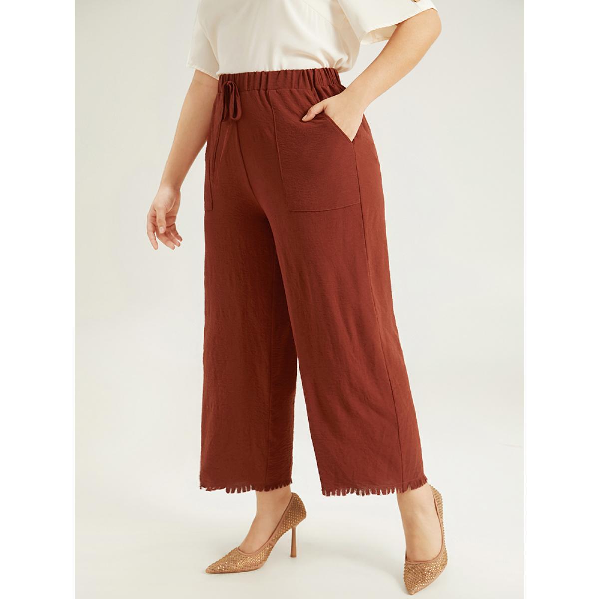 Plus Size Plain Frayed Hem Pocket Bowknot Pants Women Rust Office Straight Leg High Rise Work Pants BloomChic 18-20/2X Product Image