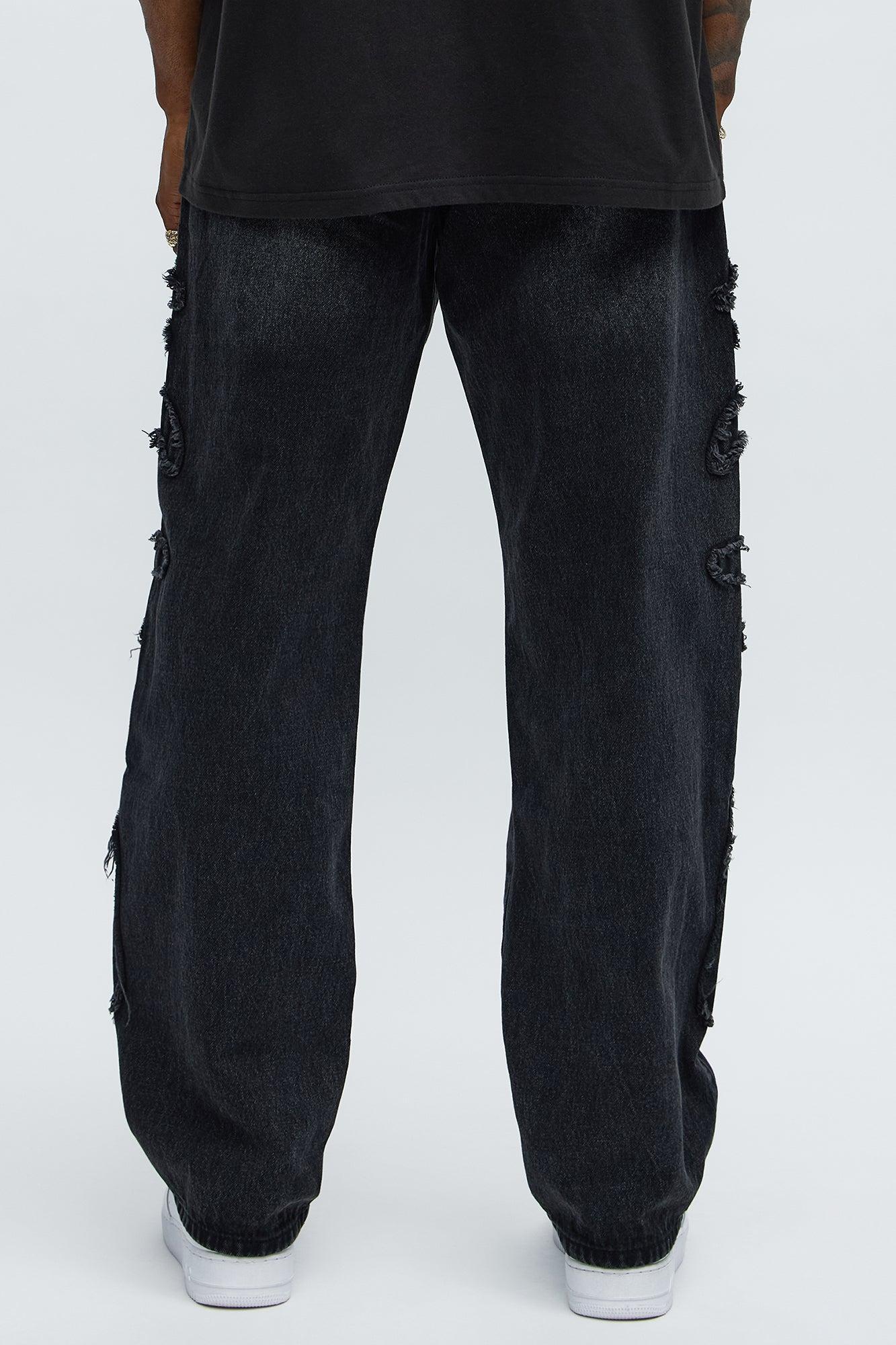 Relaxed Straight Rugged Fray Jeans - Black Wash Product Image