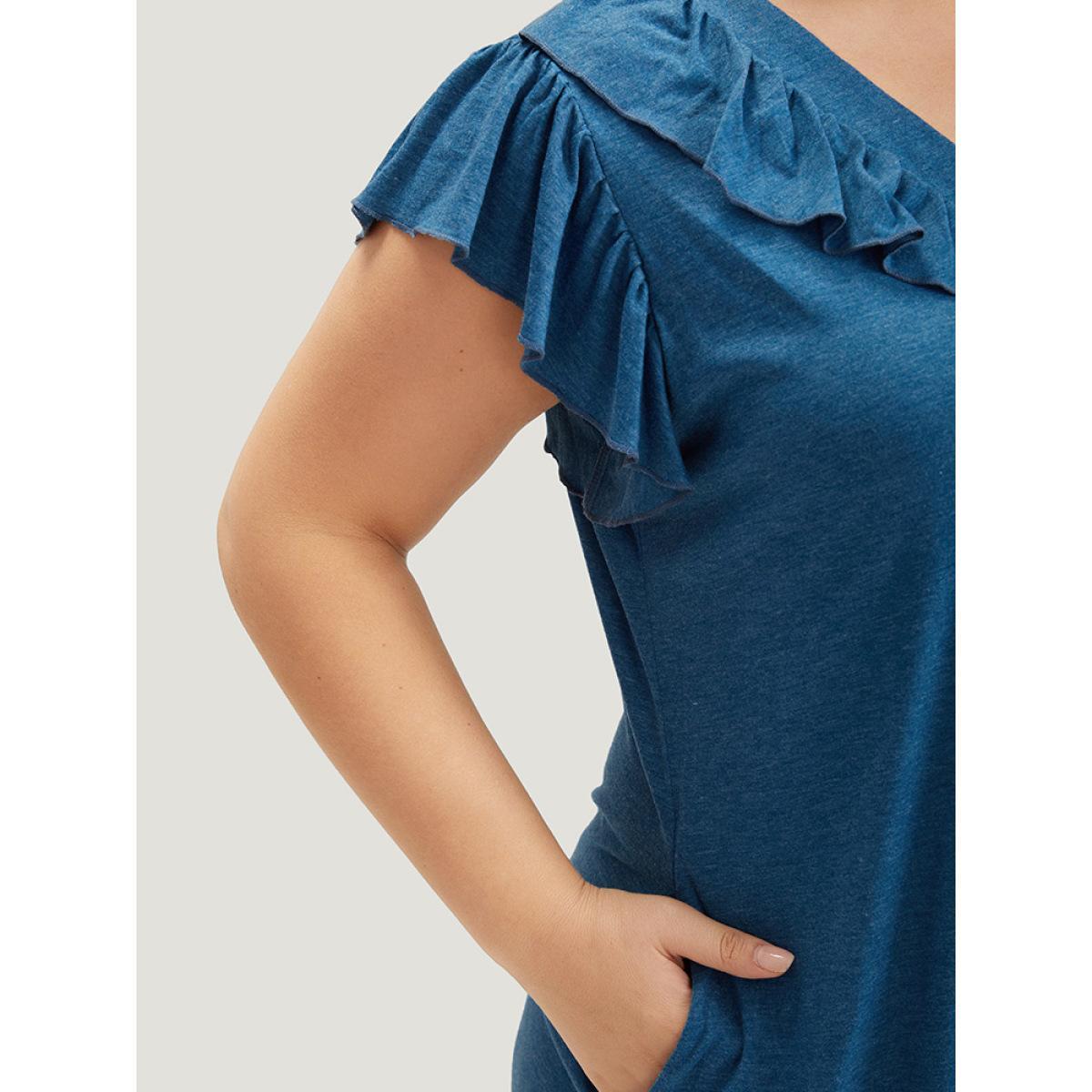 Plus Size Supersoft Essentials Plain Pocket Button Through Flutter Dress Aegean Women Casual Button V-neck Cap Sleeve Curvy Midi Dress BloomChic 30/6X Product Image