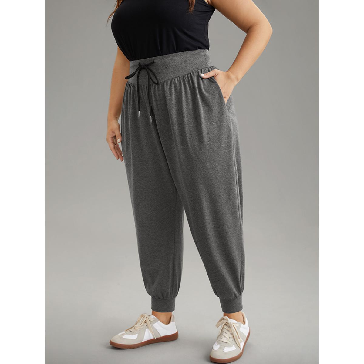 Plus Size Solid Drawstring Elastic Waist Cuffed Pants Women DimGray Casual High Rise Dailywear Pants BloomChic 18-20/2X Product Image