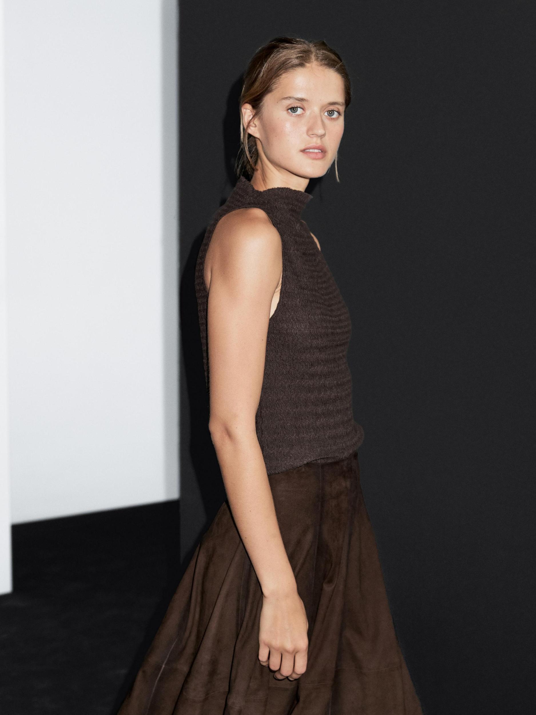 Chocolate linear waffle-knit funnel neck top Product Image