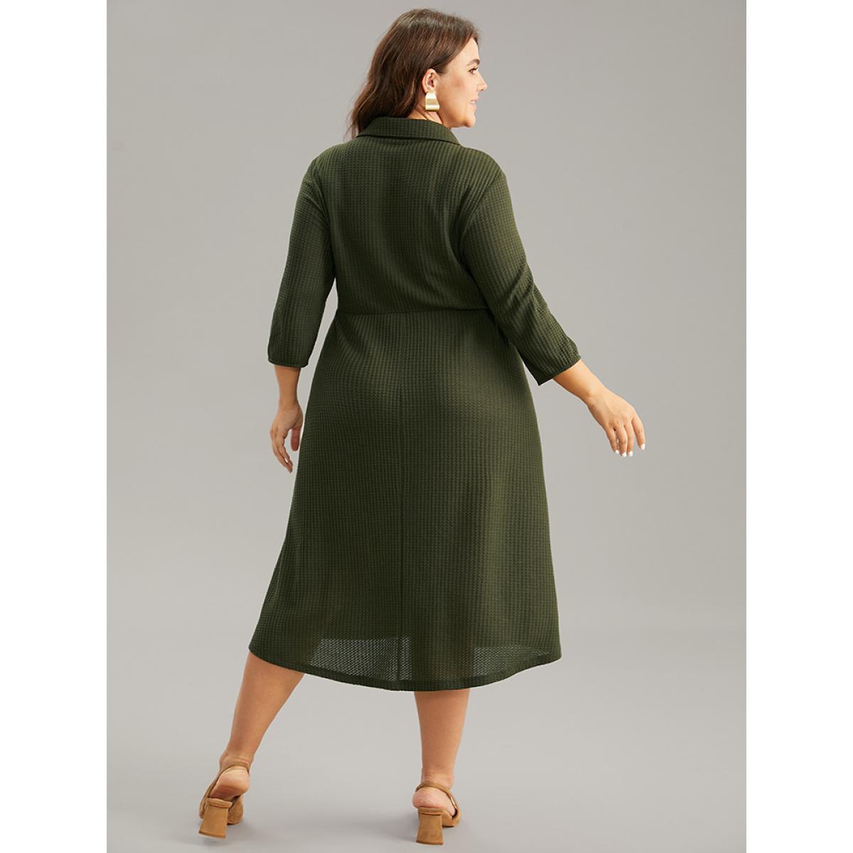 Plus Size Waffle Knit Button Detail Lapel Collar Dress ArmyGreen Women Elegant Elastic cuffs Lapel Collar Elbow-length sleeve Curvy Midi Dress BloomChic 30/6X Product Image
