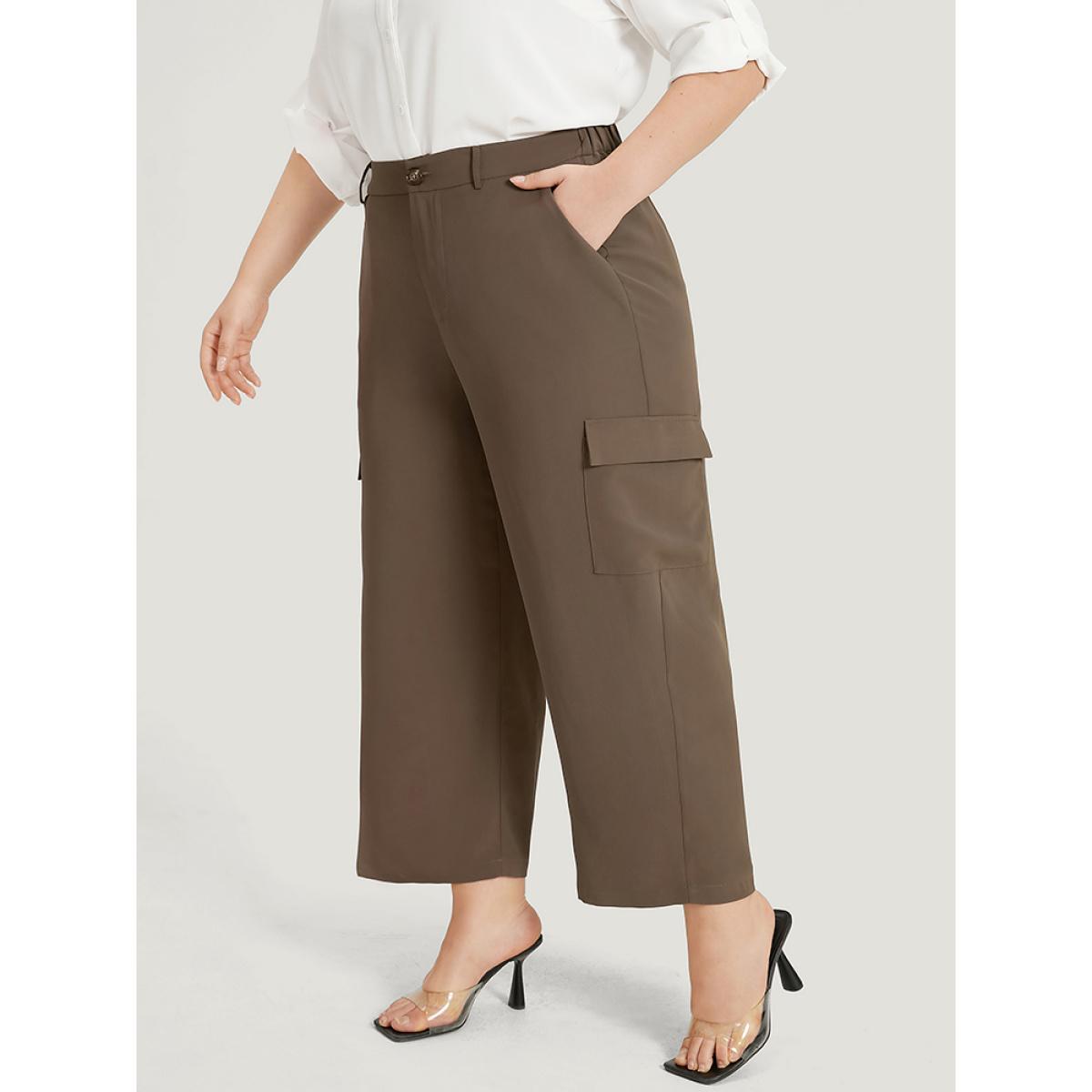 Plus Size Plain Pocket Elastic Waist High Rise Pants Women DarkBrown Office Straight Leg High Rise Work Pants BloomChic 28/5X Product Image