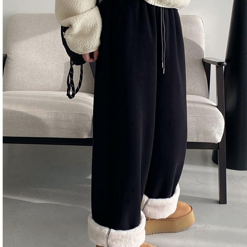 Drawstring Waist Plain Fleece Lined Wide Leg Sweatpants Product Image
